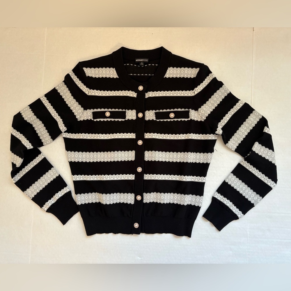Minnie Rose Black White Cardigan Sweater Striped Lace Sz S Pearl Button Layering
